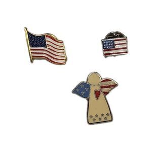 Lot Of 3 Pins Flag And Angel With Flag Heart Stars Design Elements Patriotic
